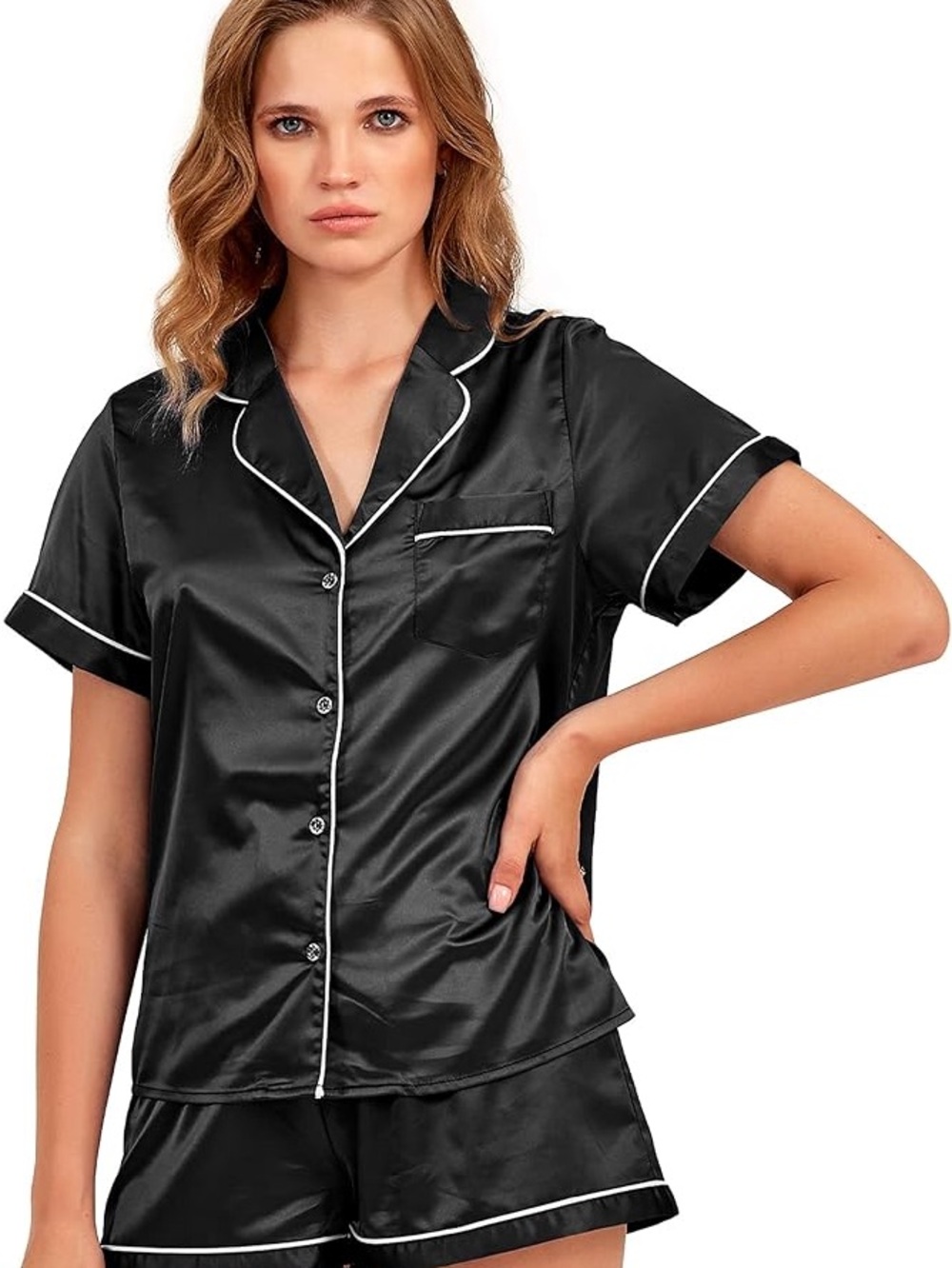 Black Satin Short Sleeve Pajama Set with White Piping
